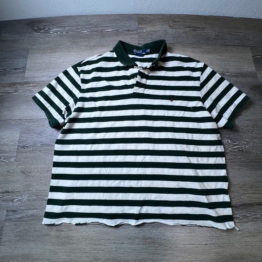 Polo Ralph Lauren Polo Shirt Mens XL Green White Striped Custom Fit Cropped Raw